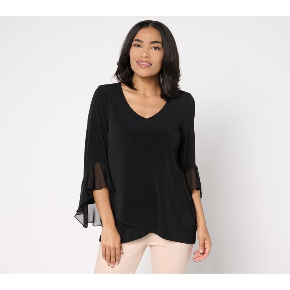 Susan Graver Women's Top Sz XS Liquid Knit Tunic w Woven Ruffle Black